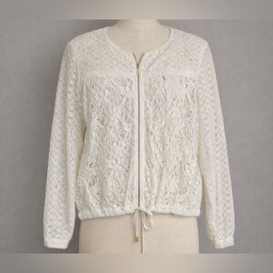 Ruby Rd. Women’s 10 White Lace Zip Jacket Sheer Long Sleeve Drawstring Hem Boho